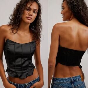 NEW Free People Black Satin Silver Siren Tube Top Medium Whimsigoth Emo Grunge